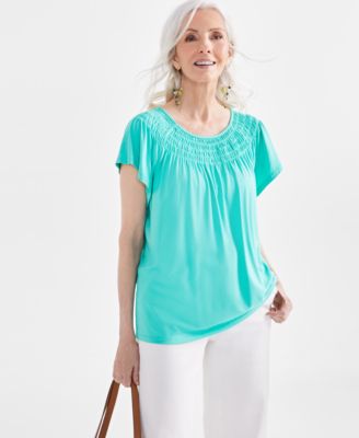 Style & Co - Women's Solid Smocked-Neck Knit Top