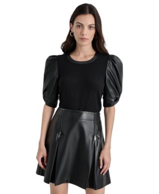 DKNY - Women's Faux-Leather Puff-Sleeve Blouse