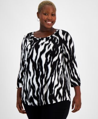 JM Collection - Plus Size Zebra-Print 3/4-Sleeve Scoop-Neck Top