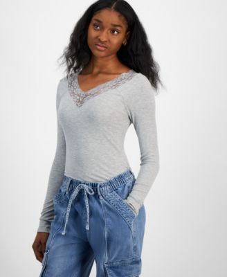 Self Esteem - Women's Lace-Trim Ribbed Long-Sleeve Bodysuit