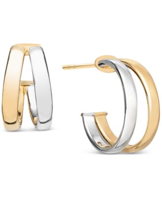 Italian Gold - Polished Double Small Huggie Hoop Earrings in 10k Two-Tone Gold, 0.5"