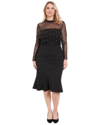 London Times - Petite Beaded Illusion Mock-Neck Midi Dress