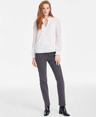 On 34th - Women's Embroidered Chiffon Ruffled-Neck Top