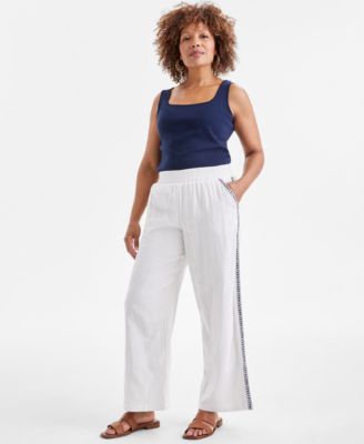 Style & Co - Petite Embroidered Cotton Gauze Pull-On Pants