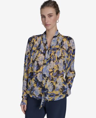 Tommy Hilfiger - Women's Floral-Print Pleated Tie-Neck Blouse