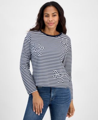 Nautica Jeans - Women's Applique-Detail Striped Long-Sleeve Cotton Top