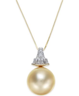 Macy's - Cultured Golden South Sea Pearl (12mm) and Diamond (1/8 ct. t.w.) Pendant Necklace in 14k Gold