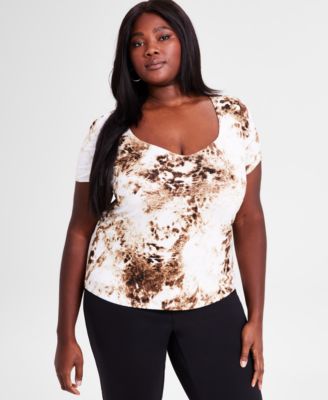 Bar III - Trendy Plus Size Printed Sweetheart-Neck Top