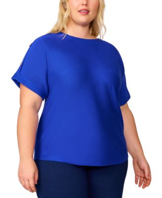 Melissa Paige - Plus Size Solid Zigzag-Trim Button-Shoulder Sweater
