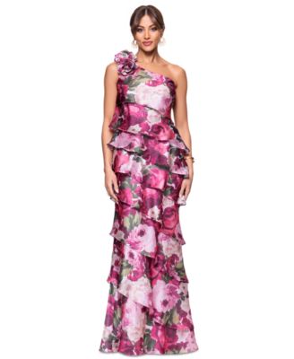XSCAPE - Women's Floral-Print Tiered One-Shoulder Gown