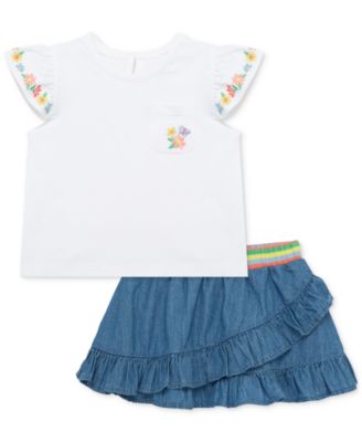 Little Me - Baby Girls Embroidered Top & Chambray Skort Set