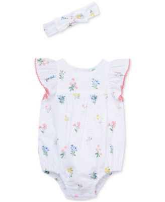 Little Me - Baby Girls Cotton Eyelet Floral Bubble Romper & Headband, 2 Piece Set