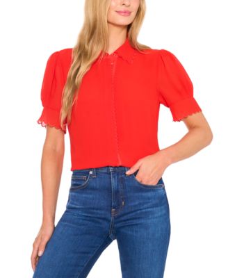 CeCe - Women's Scalloped Puff-Sleeve Button-Front Blouse