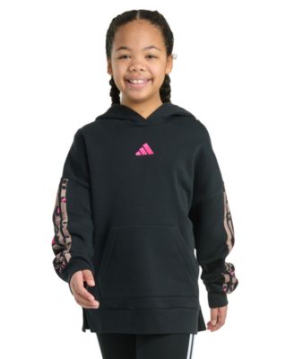adidas - Big Girls Long-Sleeve Printed 3-Stripes Slit Fleece Pullover Hoodie