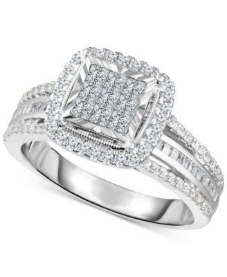 TruMiracle - Diamond Princess, Round & Baguette Halo Cluster Engagement Ring (1 ct. t.w.) in 10k White Gold