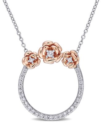 Macy's - Lab Grown White Sapphire (3/5 ct. t.w.) Rose Floral Open Circle Necklace in Two-Tone Sterling Silver