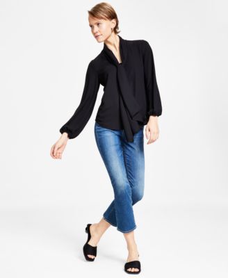 Bar III - Women's Tie Neck Cinched Sleeve Blouse