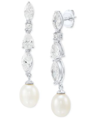 Arabella - Cultured Freshwater Pearl (9 x 7mm) & Cubic Zirconia Drop Earrings in Sterling Silver