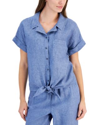Charter Club - Women's Linen Tie-Front Shirt, Created for Macy's