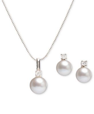Macy's - 2-Pc. Set Cultured Freshwater Pearl (7-1/2 & 8-1/2mm) & Cubic Zirconia Pendant Necklace & Matching Stud Earrings in Sterling Silver