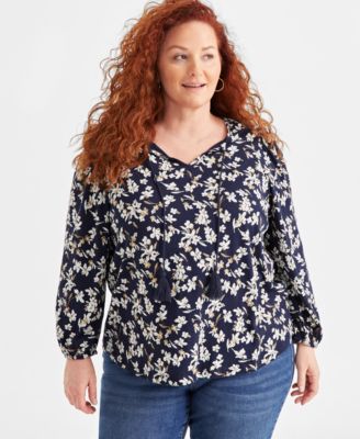 Style & Co - Plus Size Printed Tassel-Tie Long-Sleeve Blouse