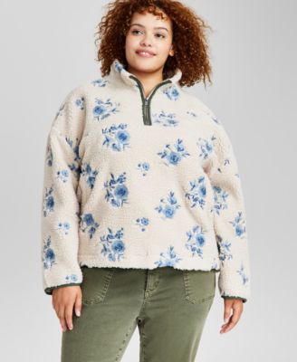 And Now This - Trendy Plus Size Floral-Embroidered Fleece Pullover