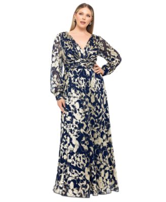 Betsy & Adam - Plus Size V-Neck Foil Mesh A-Line Dress