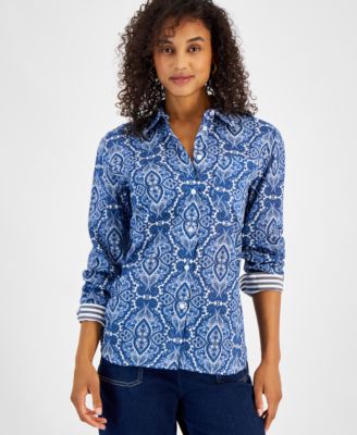Nautica Jeans - Women's Lisboa Cotton Paisley-Print Striped-Cuff Blouse