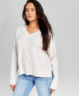 And Now This - Women's Chevron Knit V-Neck Long Sleeve Sweater, Created for Macy's