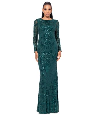 Betsy & Adam - Petite Sequinned Mesh-Sleeve Evening Gown