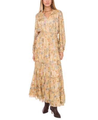 1.STATE - Women's Printed Smocked-Waist Tiered Maxi Dress