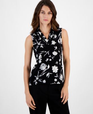 Anne Klein - Women's Pleated-Neck Dot-Print Sleeveless Top
