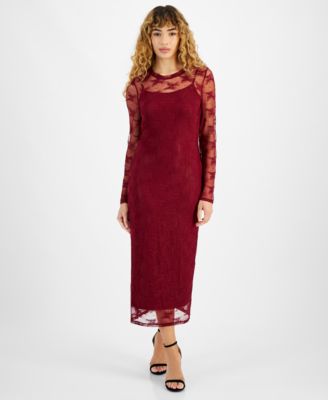 Bar III - Women's Lace Long-Sleeve Crewneck Midi Dress