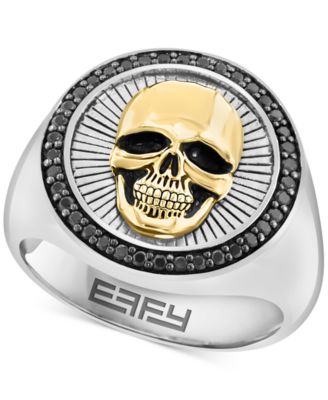 EFFY Collection - Men's Black Spinel Skull Head Round Disc Ring (3/8 ct. t.w) in Sterling Silver, 14k Gold-Plate, & Black Rhodium-Plate