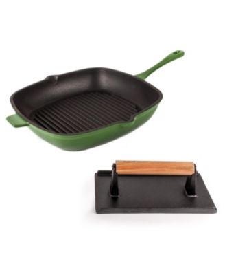 BergHOFF - Neo Cast Iron 2pc Grill Set: Grill Pan & Bacon/Steak Press, Green