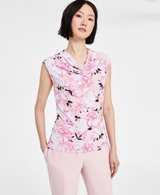 Kasper - Women's Floral Cap-Sleeve Cowlneck Top