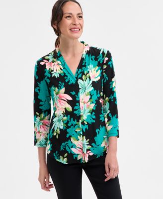 JM Collection - Women's Joanna Blooms Split-Neck Top