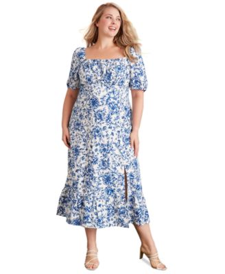London Times - Plus Size Printed Puff-Sleeve Maxi Dress
