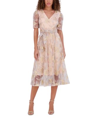 kensie - Women's Embroidered Mesh Tie-Waist Midi Dress