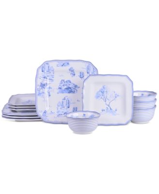 222 Fifth - Scenic Toile Blue Porcelain 12 Pc. Dinnerware Set, Service for 4