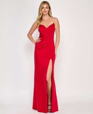 Crystal Doll - Juniors' Rhinestone Lace-Up-Back Satin Gown