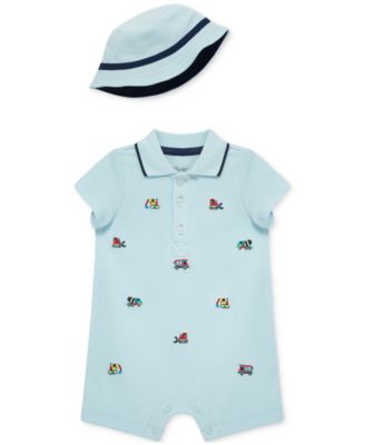 Little Me - Baby Boys 2-Pc. Embroidered Cotton Romper & Bucket Hat Set