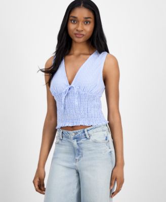 Madden Girl - Juniors' Checkered-Print Smocked-Bodice V-Neck Top