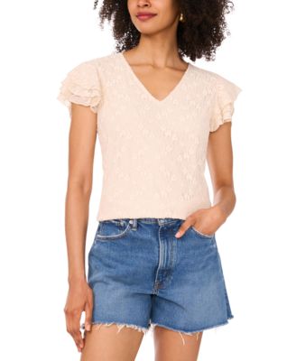 Vince Camuto - Women's Ruffled-Sleeve V-Neck Lace Top