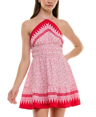 Trixxi - Juniors' Halter-Neck Ruched-Waist Border-Print Dress