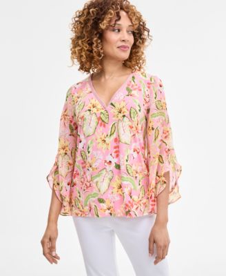 JM Collection - Women's Printed Embellished V-Neck Ruffle-Sleeve Top, Exclusively at Macy's