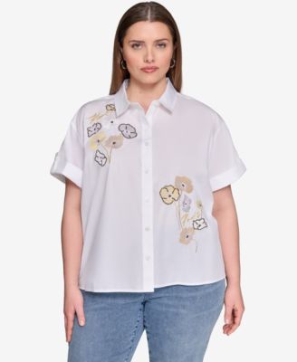 KARL LAGERFELD PARIS - Plus Size Cotton Floral-Detail Roll-Tab Shirt