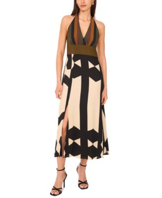 Vince Camuto - Women's Mixed-Print V-Neck Maxi Halter Dress