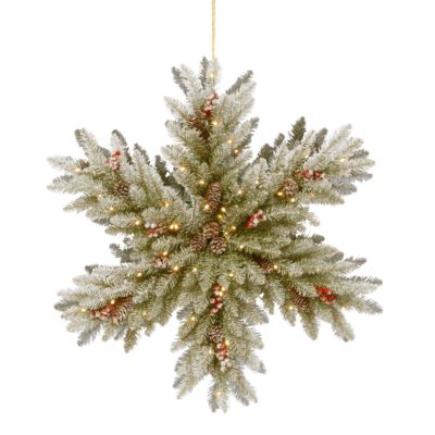 National Tree Company - 32" Snowy Dunhill Fir Double Sided Snowflake with Cones, Red Berries & 100 Warm White Battery Operated LED Lights w/Timer