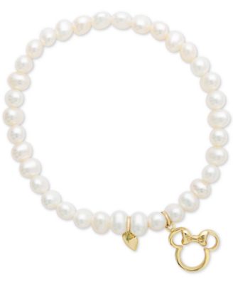 Disney - Cultured Freshwater Pearl (4mm) Minnie Mouse Charm Stretch Bracelet
